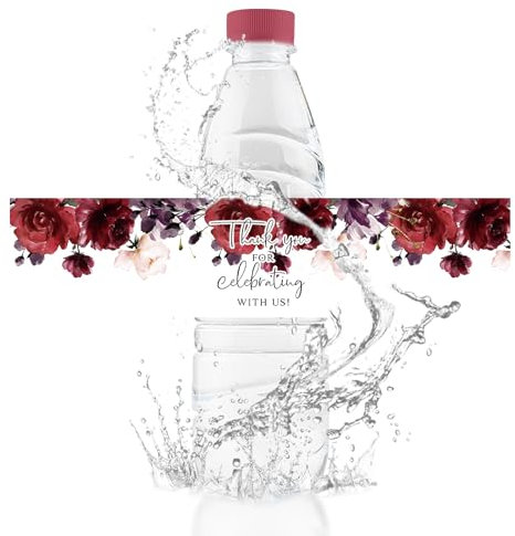 URROMA Étiquettes de Bouteille D'Eau de Mariage de Fleur Rouge, Étiquettes Autocollantes de Remerciement, Emballages Imperméables et Brillants, pour Fête Prénuptiale, Anniversaire, 50 pièces
