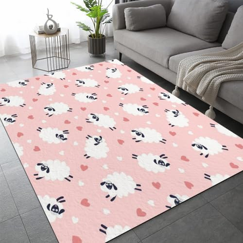 DILANI Teppich Wohnzimmer Schlafzimmer 3D Schaf Rosa Teppich Kinderzimmer Kurzflor Teppiche rutschfeste Spielteppiche Cartoon-Tiere Kinder Teenager Kurzflor Flanell Teppiche 120x160 cm