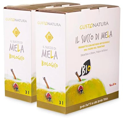Succo di mela BIO 2 x 3 L Bag‑in‑Box con rubinetto (6 L) – senza zuccheri aggiunti – Made in Italy - Mele Raccolte a Mano – Gustonatura