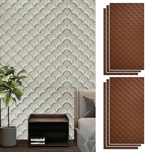 PU Wall Panels Fish Scale Brick Texture Pattern, Interior Exterior 3D Panel Accent Wall 15 Sq Ft Coverage, Wall Decoration Panelling Kits, Set of 6(Orange)