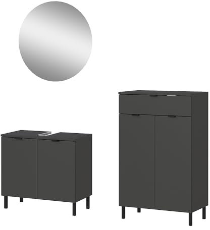 Lomadox Badmöbel Graphit Badezimmer Set 60cm Waschbeckenunterschrank Badschrank Spiegel rund