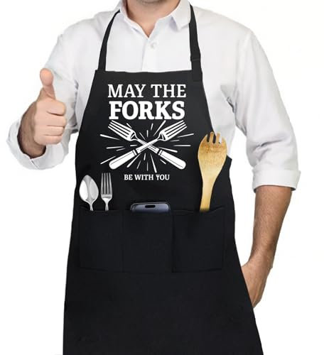 AHANDMAKER Funny Grill Aprons for Men, Grilling Apron for Dad Husband Gifts, Polyester Sleeveless BBQ Apron for Household Cleaning, Cooking Chef Aprons with 3 Pockets - May The Forks Be With You