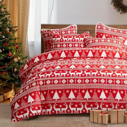 Luowei Weihnachts Bettwäsche 135x200 Warmer Winter Rot Weicher Weihnachtselch Thema Bettwäsche Set Teenager Junge Mädchen Bettbezug mit Reißverschluss und Kissenbezüge 80x80 cm