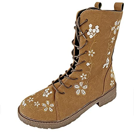 BIISDOST Boots Women's Boots Women's Boots Ethnic Style Embroidered Shoes Vintage For Women's Boots Women's Boots Lambskin Lined Knight Boots Vintage Flower Embroidery, khaki, 38 EU