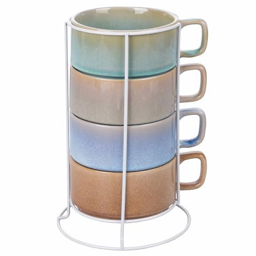 Villa d'Este Home Tivoli Juego de 4 tazas de 360 ml de gres con asa, soporte de hierro, 4 tonos