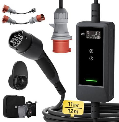 dé Mobile Wallbox/Ladestation 11kW [12m|3-phasig|6-16A] mit Einstellbarer Ladeleistung, Ladekabel CEE 16A auf Typ 2 und EV Ladegerät für Model Y/3, ID.3/4/5, MG4, EX30, e-up, e-tron, Zoe und BEV/PHEV