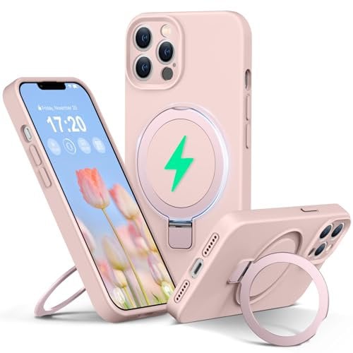 PuyaTeya Liquid Silicone Hülle für iPhone 12 pro mit Magnetisch Ring Ständer, Upgraded Kameraschutz Mil-Grade Drop Shockproof Anti-Scratch Microfiber Lining Silikon hülle(Rosa)