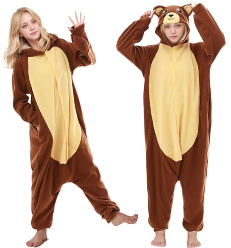 Angenster Cartoon Schlafanzug Einteiler Niedlicher, Jumpsuit Kuschelig Unisex Plüsch Onesie Pyjama für Damen Herren Tiere Pyjama Robe Strampler Nachtwäsche Cosplay-Kostüm für Winter (Braun, L)