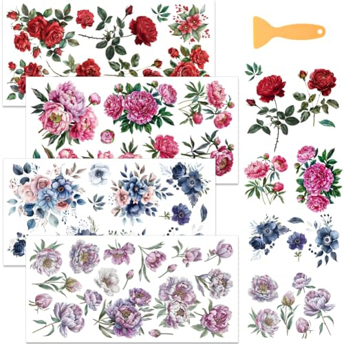 WEBEEDY 4 Styles Flower Rub on Transfers for Crafts Furniture Stickers Colorful Flower Rose Wall Stickers Peel and Stick Wall Decor, 15x30cm Furniture Decals for Window Frames Scrapbooking Home Decor