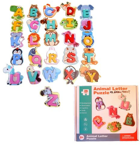 Animal Alphabet Puzzle - Wooden Jigsaw Board - Educational Toy for Toddlers - Early Learning ABC Matching Game - Montessori Toys for Kids Ages 3