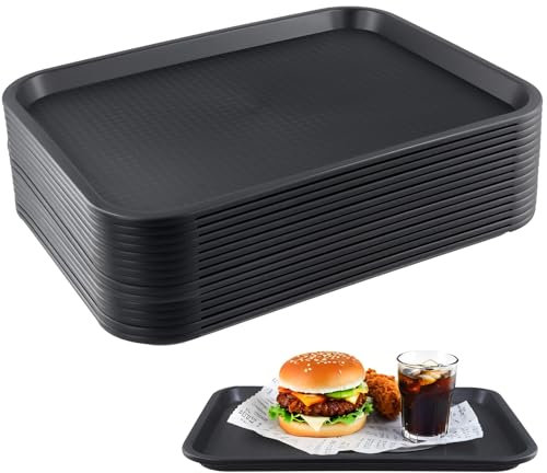 LEXININ 15 bandejas de plástico negro de 35 x 27 cm, bandejas rectangulares pequeñas de cafetería de 10 x 13 pulgadas, bandeja de servir alimentos para cafetería y restaurante