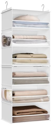 SONGMICS Organizador Colgante, Organizadora de Armario, Estante Divisible, Almacenamiento Plegable y Ahorra Espacio, Ganchos de Metal y Soporte de Bambú, Blanco Nube RCH007W01