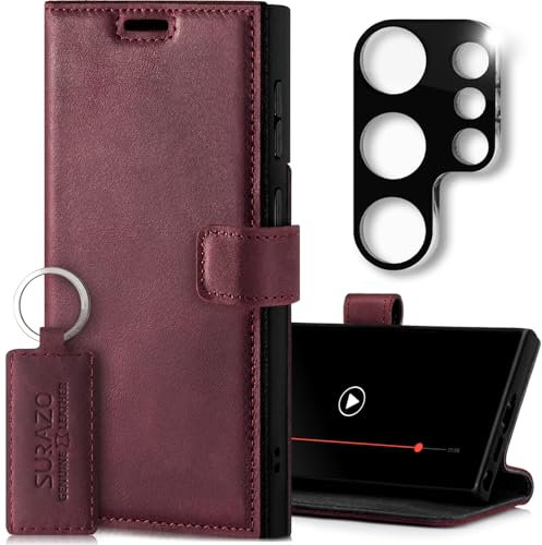 SURAZO Leder Handyhülle für Samsung Galaxy S25 Ultra Hülle mit Kameraschutz und Ständer - Premium Echtleder Schutzhülle mit Kartenfach, RFID Schutz - Handgefertigte Flip Case Lederhülle (Burgund)