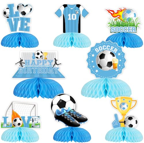 Kreatwow Fußball-Geburtstagsdekorationen, 8 Stück, mit Wabenaufsätzen, Blau und Weiß, Fußballspieler, Partyzubehör für Sport, Spiel, Fußball, Jungen, Geburtstagsparty
