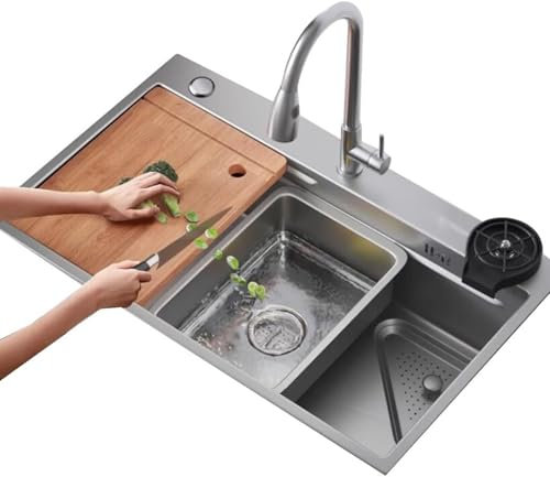 Fregadero grande de acero inoxidable, fregadero de cocina con escurridor, bajo encimera y sobre encimera, con kit de bajante. Fregadero para estación de trabajo y hogar 75 * 45 * 21cm