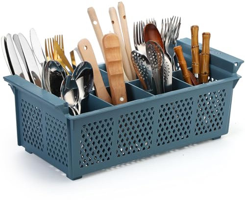 Maxdot 16inch Dishwasher Silverware Cutlery Basket 8 Compartments Washing Basket with Handle Utensil Holder Silverware Drying Rack for Kitchen Commercial (Blue)