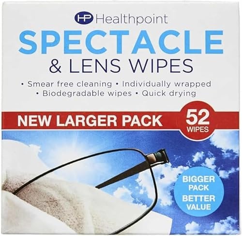 Healthpoint Glasses Wipes & Contact Lens Applicator – 104 Individually Wrapped Lens Wipes (2 Packs of 52) – Quick Drying, Smear-Free Cleaning for Glasses, Cameras, Binoculars | SterlingSquare
