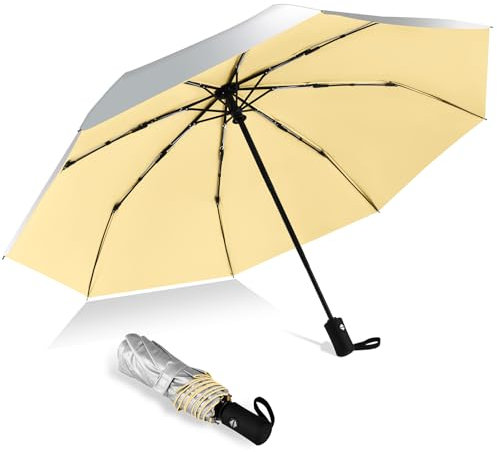 46 Inch UV Regenschirm UPF 50+ Automatik Reise Sonnenschirm Ultralight Umbrella Winddichter Regenschirm Mit 8 Rippen für Herren und Damen (Silber/Kaki, 42inch)