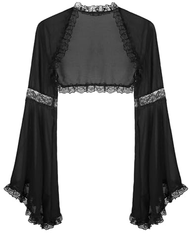 Bolero Damen Gothic Oberteile Gotisch Shrug Vintage Jäckchen Spitzenbolero Durchsichtig Bolerojacke Lolita Festlich Spitzenbolero Halloween Punk Crop Top Langarm Schwarz für Party Club Karneval