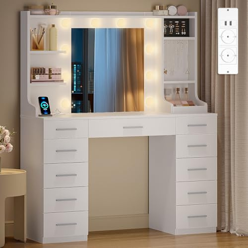 Hzuaneri Große Schminktisch mit LED-Beleuchtung, Schminktisch mit Spiegel, Frisiertisch mit Steckdosen, 11 Schubladen und 6 Schmuckhaken, Geeignet für Schlafzimmer, Wohnzimmer, Weiß DT43303XEU