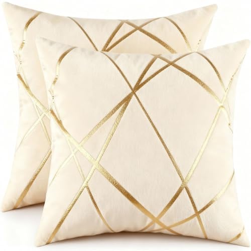 Miuyunya 2er Set Samt Kissenbezug Gold Line Art 50x50 Deko Kissen Wohnzimmer Modern Kissenhülle Beige Sofakissen Kissenbezüge Dekorative Zierkissenbezüge Square für Sofa Schlafzimmer Couch