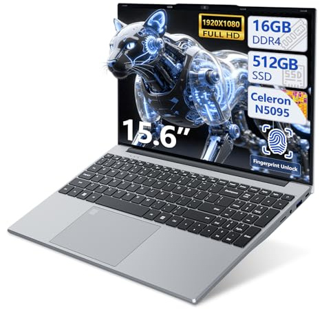 PC Portable Win11, 15,6 Pouces Ordinateur Portable 16Go LPDDR4 RAM 512Go SSD, Celeron N5095 CPU, Clavier Rétro-éclairé/Déverrouillage Empreinte, 180°Flip 1080P Écran Laptop, Webcam+BT4.2+USB3.0+WiFi5