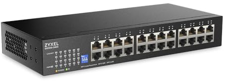 Zyxel Netzwerk Switch 24 Port | Unmanaged Gigabit | GS1100-24ES | 24x GbE Ports, DIP-Schalter-Steuerung, Lüfterlos, Wandmontage Kit Enthalten, Einfache Plug-and-Play Installation