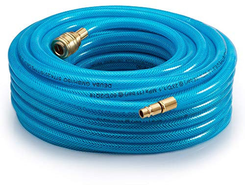 DEUBA® 15m Air Compressor Hose | 1/4 Inch Connection | 15 Bar Pressure Capacity | Flexible Rubber with Fabric Reinforcement | Pre-Assembled with Quick Coupling | Durable & Versatile | Blue