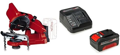 Einhell 4499940 Afilador de cadenas + 4512042 Kit con Cargador y batería de repuest, tiempo de carga: 60 Minutos