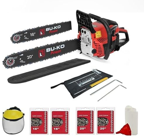 BU-KO 65cc Petrol Chainsaw, 3.89HP Engine, 20 Inch and 16 Inch Chain Bar with 2 Chains, Top Handle Chain Saw, Carry Bag, Safety Gear, for Firewood Tree Cutting