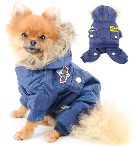 PAIDEFUL Wasserdichter Fleece Gefütterter Hundewintermantel Warmer Schneeanzug Flieger Kapuzen Overall Schneeanzüge für Kleine Hundewelpen Chihuahua Wandern bei Kaltem Wetter Blau M