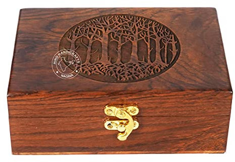 Hind Handicrafts Rosewood Handmade Wooden Urn Tree of Life Engraving Handcarved Jewellery Box for Women-Men Jewel | Home Decor Accents Decorative Boxes Storage & Organiser (7'' x 5.5'' 3.5'', - 9)