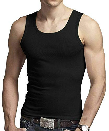 Men's 100% Cotton Singlet Sleeveless Vests Bodybuilding Training Gym Tank Tops Basic Plain Colour Casual Undershirt (S, Black)
