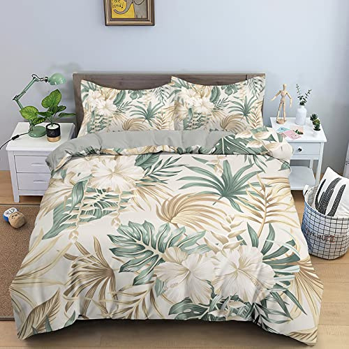 LLSZAHD Copripiumone Matrimoniale 200x250 Foglie Verdi Copripiumino Con Cerniera Matrimoniali Sacco Copri Piumino In Microfibra Morbido E Traspirante ，Copripiumino 200x250cm