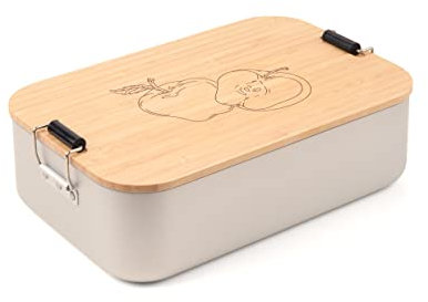 TROIKA Lunchbox mit Bügelverschluss und Apfelmotiv aus Aluminium und Bambus, Deckel als Schneidebrett verwendbar, Maße: 23,6cm x 14,7cm x 7,2cm, BOX30-A187