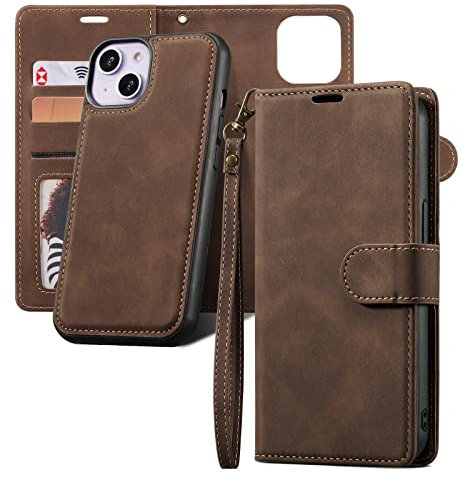 QLTYPRI Case for iPhone 13, 2 in 1 Detachable Wallet Case PU Leather with [Card Slots] [Kickstand][Wrist Strap][Magnetic Closure] Shockproof Flip Cover for iPhone 13 (6.1 inch) - Coffee
