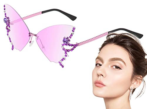Rianpesn Süße Sonnenbrille - Feen-Strass-Brille in Schmetterlingsform - Butterfly Eyewear Silikon-Nasenstütze, Disco-Brille für Damen und Herren