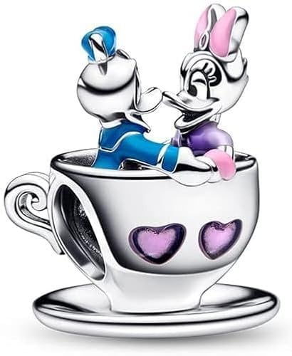 The Charmery Character Ducks Donald and Daisy Teacup Charm 925 Sterling Silver Charm Compatible with Pandora Charms,and Many Other UK Charm Bracelets.