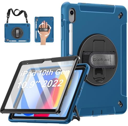 Gralifcare Hülle für iPad 10.Generation 10.9: Militärische 3-Schichte Stoßfeste Schutzhülle für iPad 10.Gen 2022 mit Stifthalter - Drehbarer Ständer - Handschlaufe - Schultergurt (Blau)