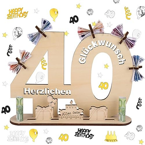 ERBO Holzschild Gästebuch, 40 Geburtstag Deko Konfetti Frau Mann, Gästebuch mit Ständer und 5 Holzpentagramme, Geldgeschenke Geburtstag, Geburtstagskarte, Geschenke Schild 40 Jahre Hochzeitstag