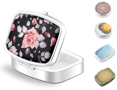 Metall Pillendose für Unterwegs, Mini Retro Pille Halter für Medizin Fischöle Vitamine, Vintage Klein Reise Geldbörse Tasche Tablettenbox Organizer (Rechteck Schwarze Rose)