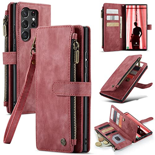 UEEBAI Étui portefeuille pour Samsung Galaxy S22 Ultra, cuir synthétique vintage fait à la main, fentes pour cartes, fermeture aimantée, poche zippée, béquille avec dragonne, rouge