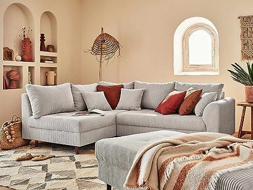 Lisa Design Rune – Ecksofa Links – 4-Sitzer – mit hocker – aus Cord Hellgrau