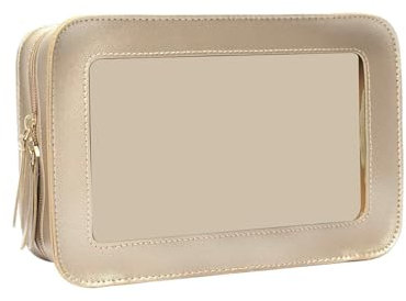 Reise Kosmetiktasche Transparent, Klare Make Up Tasche mit Reißverschluss, wasserdichte Kleine Handtasche Gold, Schminktasche für Urlaub Reisen Geschäftsreise Camping Flugzeug