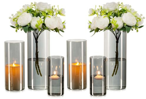 Inweder Lot de 6 vases noirs gris modernes en verre pour décoration de table, vase de sol, bougeoirs ouragan, bougies flottantes, centres de table de mariage