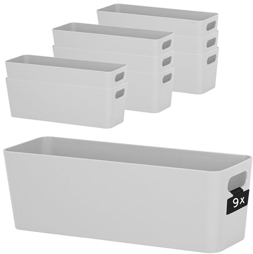 Hummelladen 9X Ordnungsbox 10 cm hoch - GRAU - 30x10x10cm 2 Liter - mit Beschriftungsclip Ordnungskorb Schublade Organizerbox Ordnungssystem Kunststoff Aufbewahrung Korb Schrank Schreibtisch Kiste