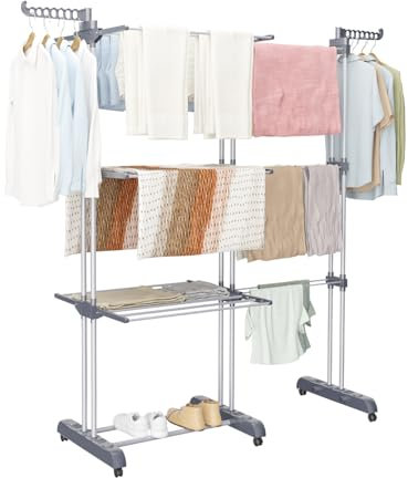 Oak & Tea Wäscheständer Turm, 83-200cm(Ausziehbar Flügeln), XXL Wäscheturm mit Rollen, 4 Etagen Wäscheständer, Großer Standtrockner, für Innen- und Außenbereich, Grau