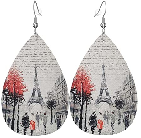 LAMAME Paris Street Eiffelturm Malerei gedruckt Teardrop baumeln Ohrring Damen Leder Ohrring, Einheitsgröße, Kunstleder, Kein Edelstein