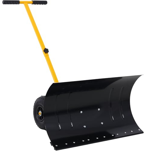 Snow Shovel with Wheels, Heavy Duty Metal Snow Shovels Snow Pusher with 29 Blade 10 Wheels Adjustable Angle & Height Cushioned Handle Snow Plow Shovel for Driveway Snow Removal, Yellow