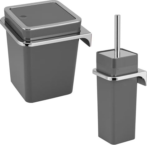 bremermann Savona Ensemble de Salle de Bain 2 pièces avec Poubelle de Salle de Bain 6 l et Brosse WC avec Support Mural carré (Plastique-Gris)